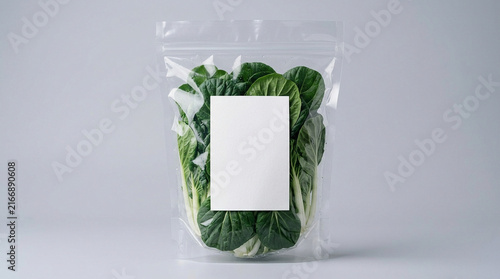 Packaging Mockup of Fresh Green Vegetables in Transparent Plastic Pouch with Blank White Label