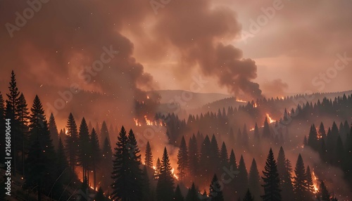 Cinematic forest fire scene across layered wilderness terrain