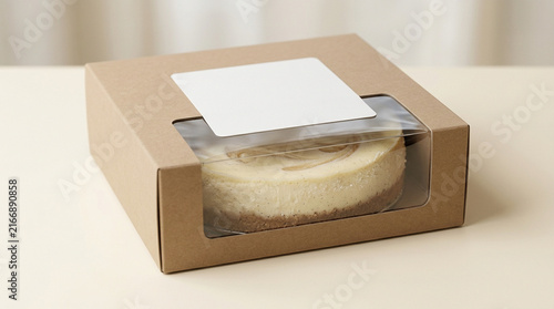 Cheesecake in Cardboard Bakery Box with Window and Blank Label Mockup for Food Delivery