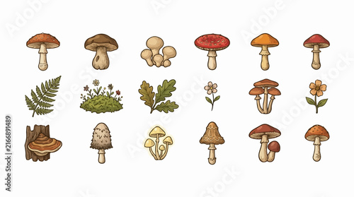 Set of hand drawn forest mushrooms and plants.