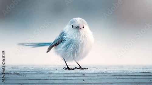 Long-tailed tit perched on a rustic wooden fence.