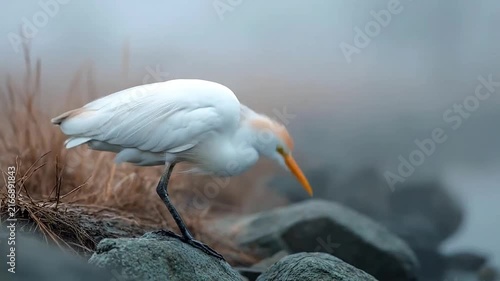 White egret standing on rocks near water.