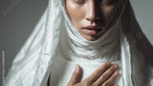 Veiled woman in white looking directly at camera.