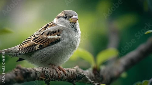 Sparrow on a branch with fresh green leaves.