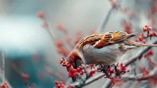 House sparrow perched on branch with red berries.