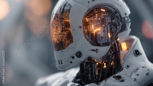 Close up of futuristic white robot head.