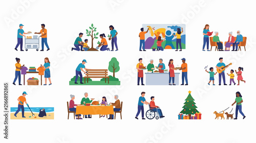 Set of illustrations depicting various community service and volunteer activities.
