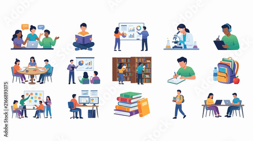 Set of flat vector illustrations depicting students and teachers in various educational and academic settings.