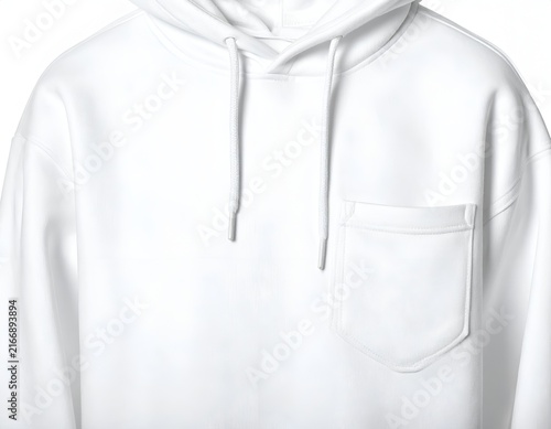 Upper view of white hoodie with chest pocket.