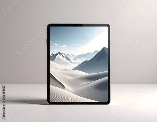 Vertical tablet displaying snowy mountain peak landscape wallpaper.