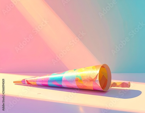Vibrant party horn on pastel gradient surface