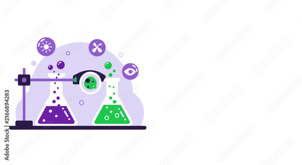 Fototapeta premium Scientific Laboratory Research Concept with Chemistry Flasks and Virus Icons Flat Vector Illustration