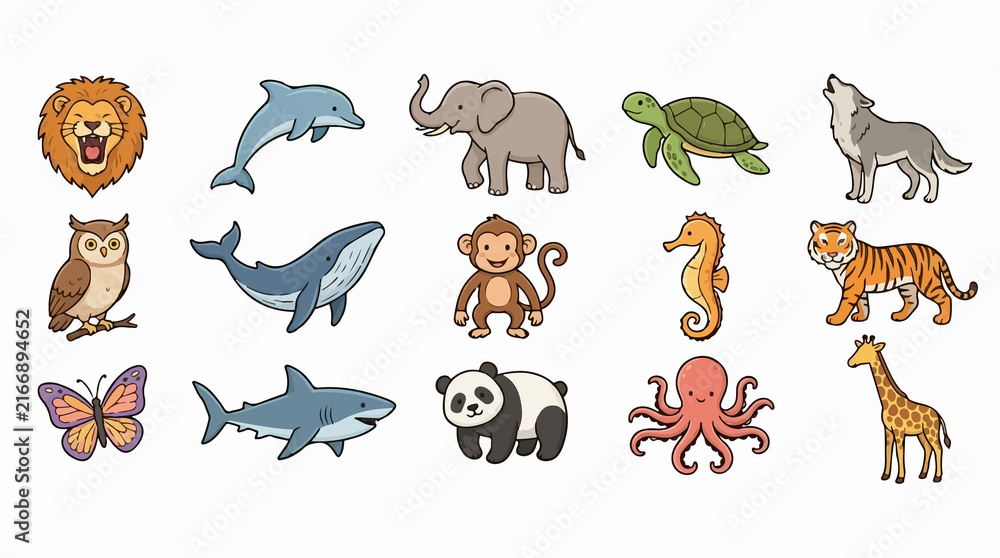 Obraz premium Set of cute cartoon animals and sea creatures collection.