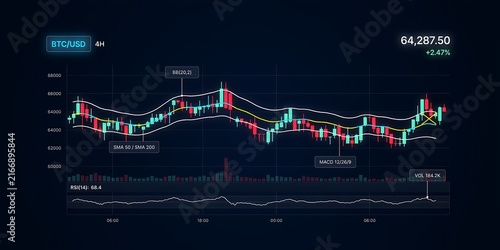 Professional digital cryptocurrency trading chart showing Bitcoin BTC USD price action candles technical indicators Bollinger Bands MACD RSI volume for financial analysis.