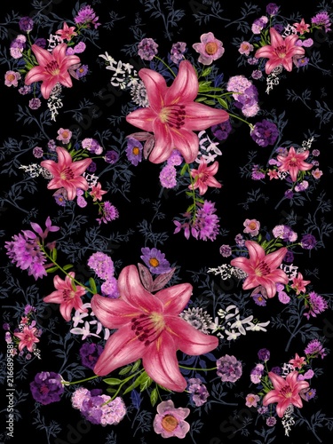 pink flowers on black

Seamless pattern of vibrant pink lily flowers, purple blossoms, and wild botanical leaves on dark black background