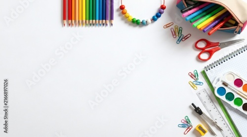 Colorful school supplies arranged on a white background for creativity