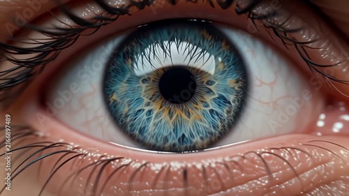 Medical - Extreme close up of a caucausoid human eye blinking and opening revealing a detailed blue iris and long eyelashes