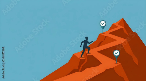 Deep Orange Mountain Trail with Rugged steps, Climbing Businessman Silhouette, Summit Flag Goal, Strategic Roadmap Flat Vector, Text Space on Top Right
