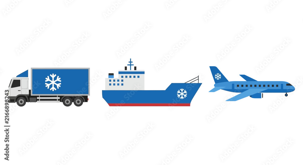Fototapeta premium Cold Chain Logistics Set: Refrigerated Truck, Cargo Ship, and Airplane Icons