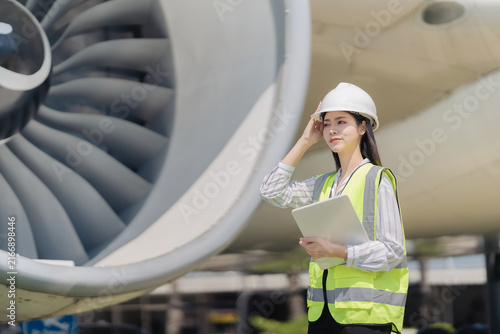 Obraz na płótnie Asian female aeronautical engineer holding laptop and clipboard standing in fron