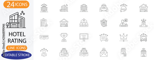 Hotel Rating and Accommodation Service Line Icons. Vector Five Star Resort, Quality Review, and Hospitality Symbols with Editable Stroke.