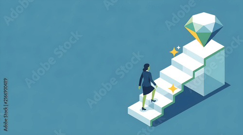 Clean White Glass Stairs with 5 steps steps, Walking Businessman Silhouette, Diamond Goal, Strategic Roadmap Flat Vector, Text Space on Bottom Right
