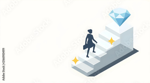 Clean White Glass Stairs with 5 steps steps, Walking Businessman Silhouette, Diamond Goal, Strategic Roadmap Flat Vector, Text Space on Bottom Right
