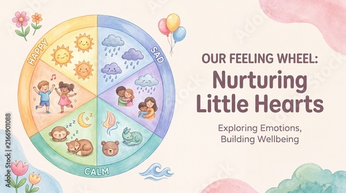 Children Feeling Wheel Watercolor Illustration for Kids Emotional Mental Health and Wellbeing Education