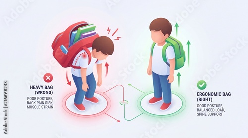 Ergonomic vs Heavy School Bag Posture Infographic for Student Health and Spine Support