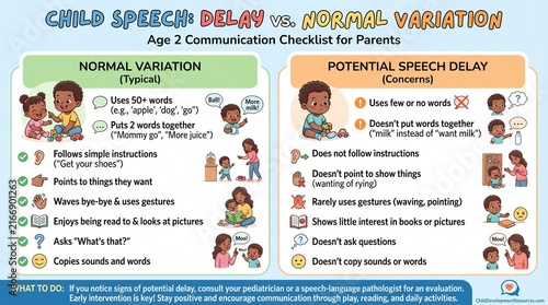 Child Speech Development Infographic Comparison of Normal Variation and Potential Speech Delay for Two Year Olds