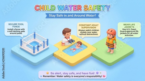 Child Water Safety Infographic with Pool Fence Supervision and Life Jacket Tips