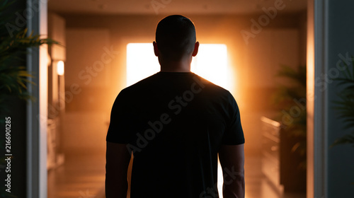Cinematic wide shot back view of tall man standing in doorway, facing warm light inside modern home with quiet anticipation and strong silhouette