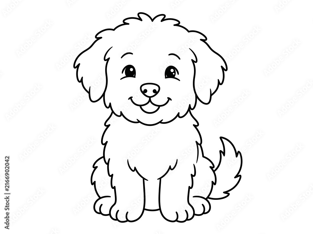 Obraz premium Adorable Puppy Coloring Page for Kids, Cute Fluffy Dog Line Art Outline Vector Illustration