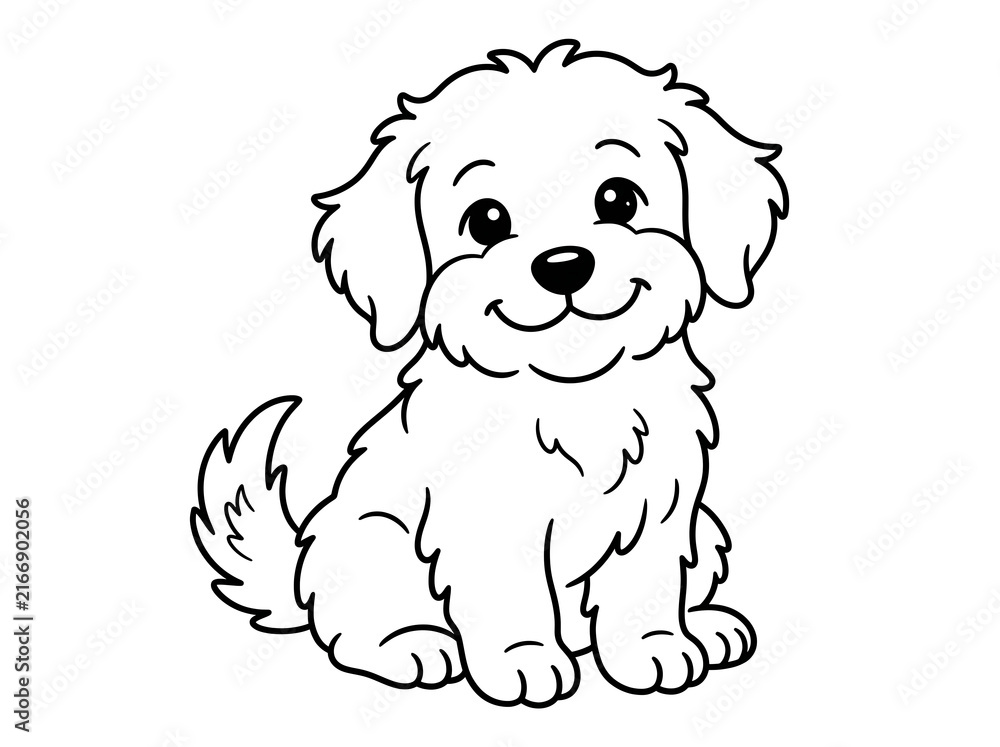 Obraz premium Cute Fluffy Puppy Coloring Page Outline Line Art Isolated on White Background