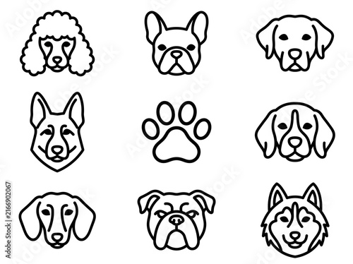 Dog Breeds Head Faces and Paw Print Line Art Icons Set Vector