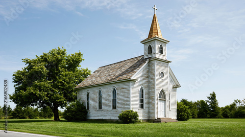 Old white gothic revival church, green lawn, leafy tree, rural landscape, blue sky, historic architecture evokes quiet spiritual reflection