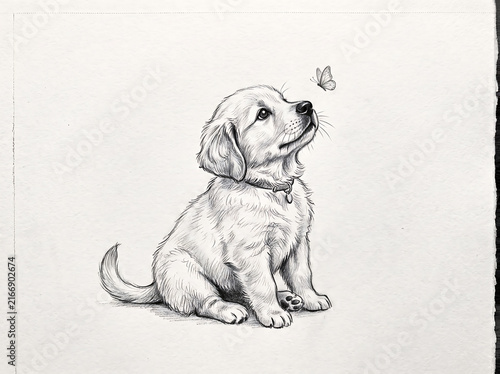Pencil Sketch of Cute Puppy Looking at Butterfly Isolated on White Background