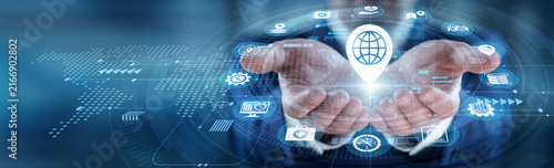 Geographic information systems. Professional spatial mapping tools. Location data analysis. Earth observation technology. Surveyor hands hold GIS map, plotting terrain points with precise accuracy.