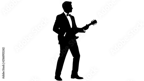 Silhouette of man playing guitar on white background.