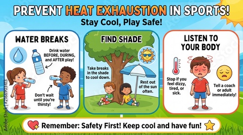 Kids Sports Safety Infographic for Heat Exhaustion Prevention and Hydration Tips