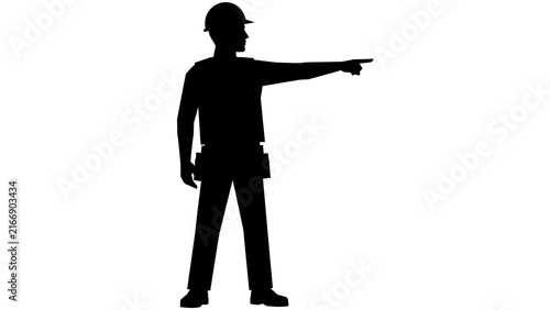 Construction worker silhouette pointing white background.