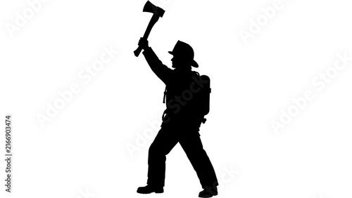 Lumberjack silhouette with axe on white background.