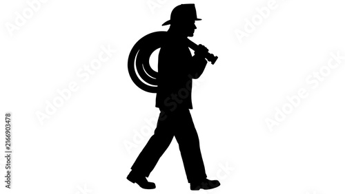 Firefighter silhouette carrying hose white background.