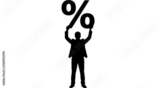 Silhouette holding percent sign on white background.
