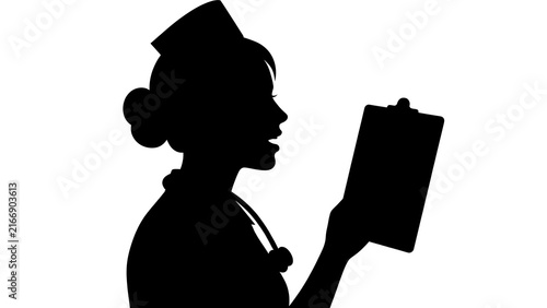 Silhouette of nurse reading clipboard white background.