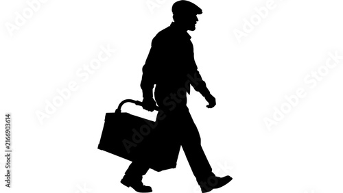 Silhouette of man with briefcase walking white background.