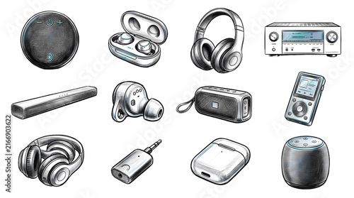 Hand drawn set of modern audio devices and music gadgets on transparent background