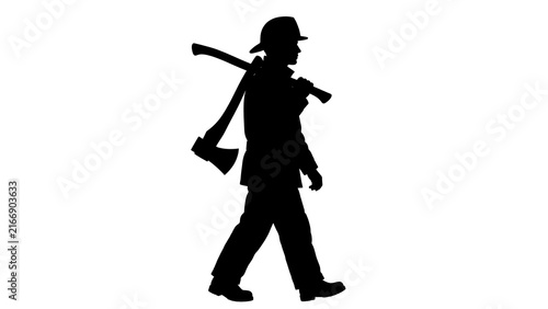 Silhouette of person carrying axe white background.