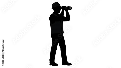Silhouette of photographer with camera white background.