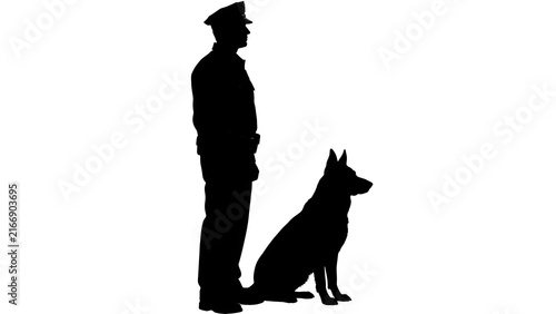 Silhouette of police officer and dog white background.